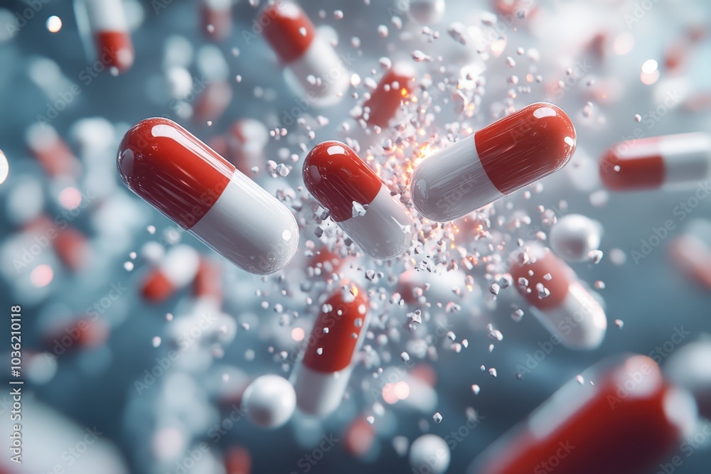 Exploding Capsule Capsules exploding with particles in a dynamic display of color and ...