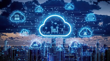 Poster - Cityscape with Digital Cloud Computing Network Overlaid
