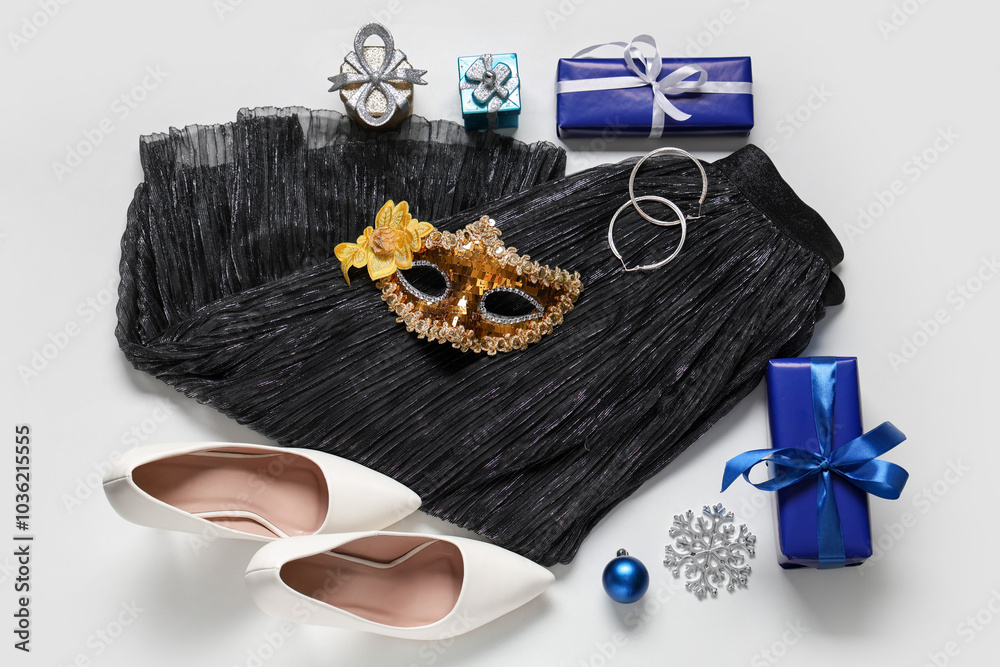 Composition with stylish skirt, accessories and Christmas decorations on white background