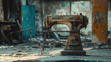 An old, rusted sewing machine stands alone in a deserted, dilapidated space.