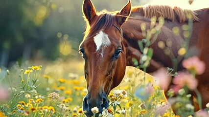 curious horse investigating blooming spring flowers, video