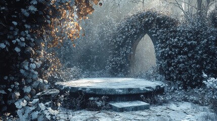 Fototapete - A stone platform sits quietly in an ethereal forest filled with frost-covered vines and sparse leaves.