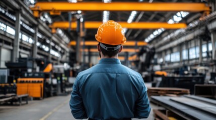 Man Overseeing Large Machines in Fabrication Facility