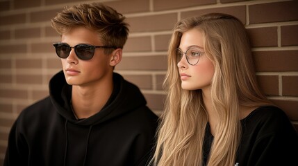 A young man and woman wearing stylish glasses, posing side by side against a brick wall, both with calm expressions and casual clothing..