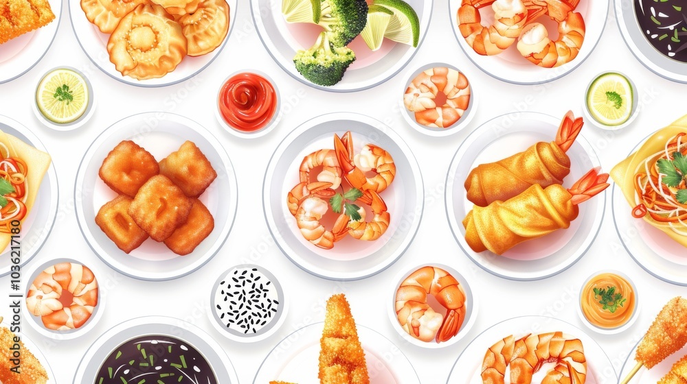 Seamless rough pattern featuring detailed sketches of Thai appetizers ...