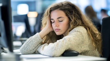 young, female office professional working at a computer, looking tired