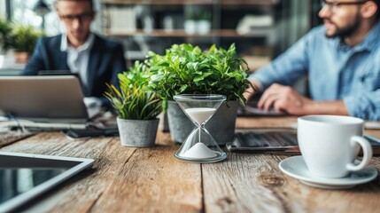 Poster - Hourglass on Wooden Table with Blurred Background of Men Working