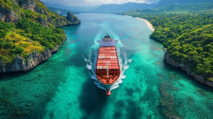 Poster - A large cargo ship sails smoothly through clear turquoise waters, surrounded by vibrant green cliffs under a bright sky, showcasing the beauty of the coastline.