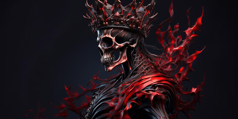 A striking red flowing skeleton adorned with a spiked black crown, set against a dark, moody backdrop.