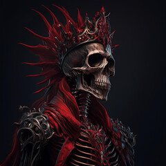 A striking red flowing skeleton adorned with a spiked black crown, set against a dark, moody backdrop.