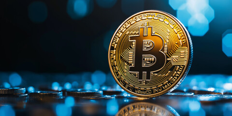 Poster - Bitcoin cryptocurrency standing out from other coins on blue background