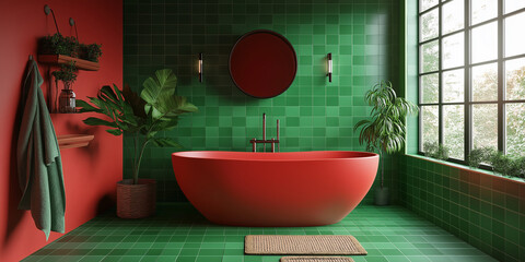 Aufkleber - Modern bathroom with red bathtub and green tiles showing urban jungle style