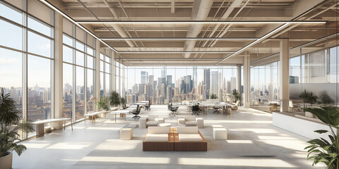 Poster - Modern open plan office interior with a view of the new york city skyline