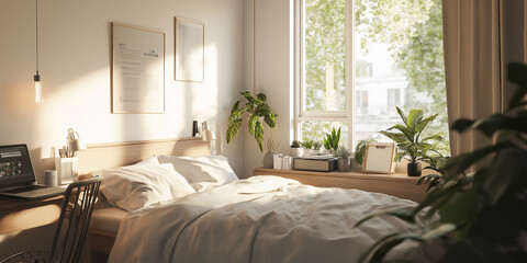 Poster - Sun shining through bedroom window illuminating plants and desk