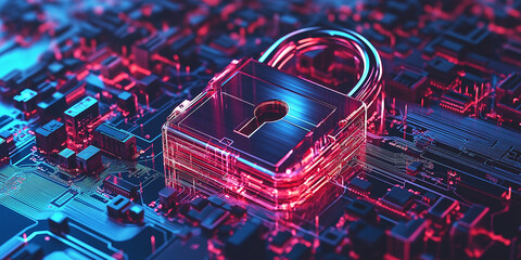 Poster - Glowing padlock sitting on circuit board representing cybersecurity