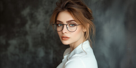 Beautiful young businesswoman with glasses posing on dark background