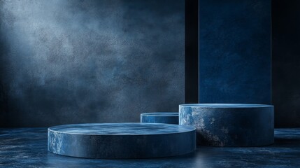 Leinwandbilder - A trio of round blue pedestals is arranged in a contemporary gallery. The surrounding walls feature a deep blue hue, illuminated by soft lighting that enhances the modern aesthetic and atmosphere.