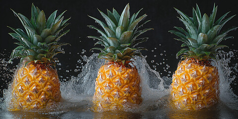 Poster - Three ripe pineapples splashing in water on black background