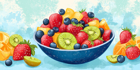 Aufkleber - Fresh fruit salad overflowing in a blue bowl on a blue tabletop