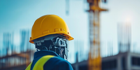 Construction robot foreman supervising building site wearing hard hat