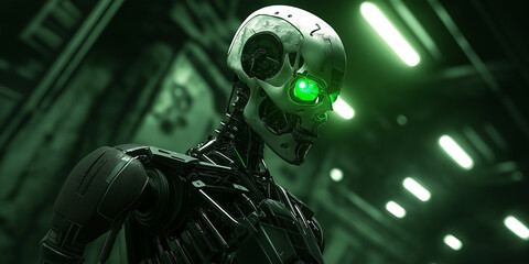 Poster - Futuristic robot standing in green lit industrial space