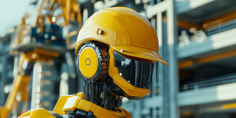 Poster - Construction robot wearing hard hat at construction site