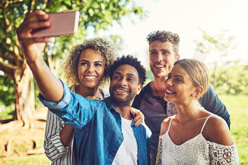 Poster - Forest, couple of friends and smile with selfie outdoor for social media, post and profile picture. People, relationship and happy for memories with bonding, love and support on break to relax