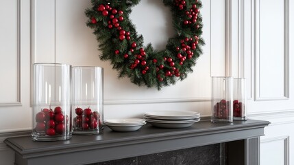 Wall Mural - A beautifully decorated wall features a Christmas wreath and garland with a shelf displaying holly plates, vases, and candles for the festive season