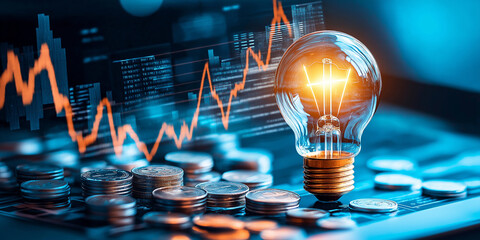 Poster - Light bulb is illuminating stacks of coins with a stock market graph in the background