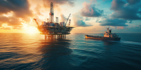 Wall Mural - Offshore oil rig extracting crude oil with a tanker ship approaching at sunset