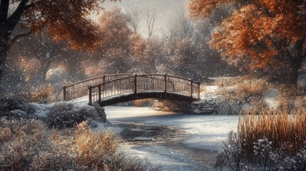 Poster - A picturesque bridge arches over a gently flowing stream, framed by trees displaying vibrant autumn leaves. Snowflakes fall softly, adding to the serene beauty of the winter landscape.