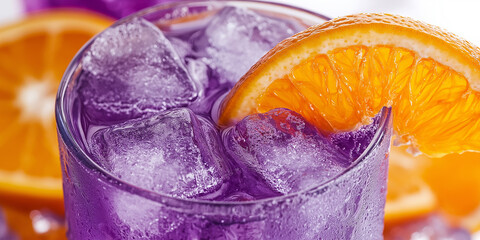 Poster - Refreshing purple cocktail with ice cubes and orange slice is sparkling
