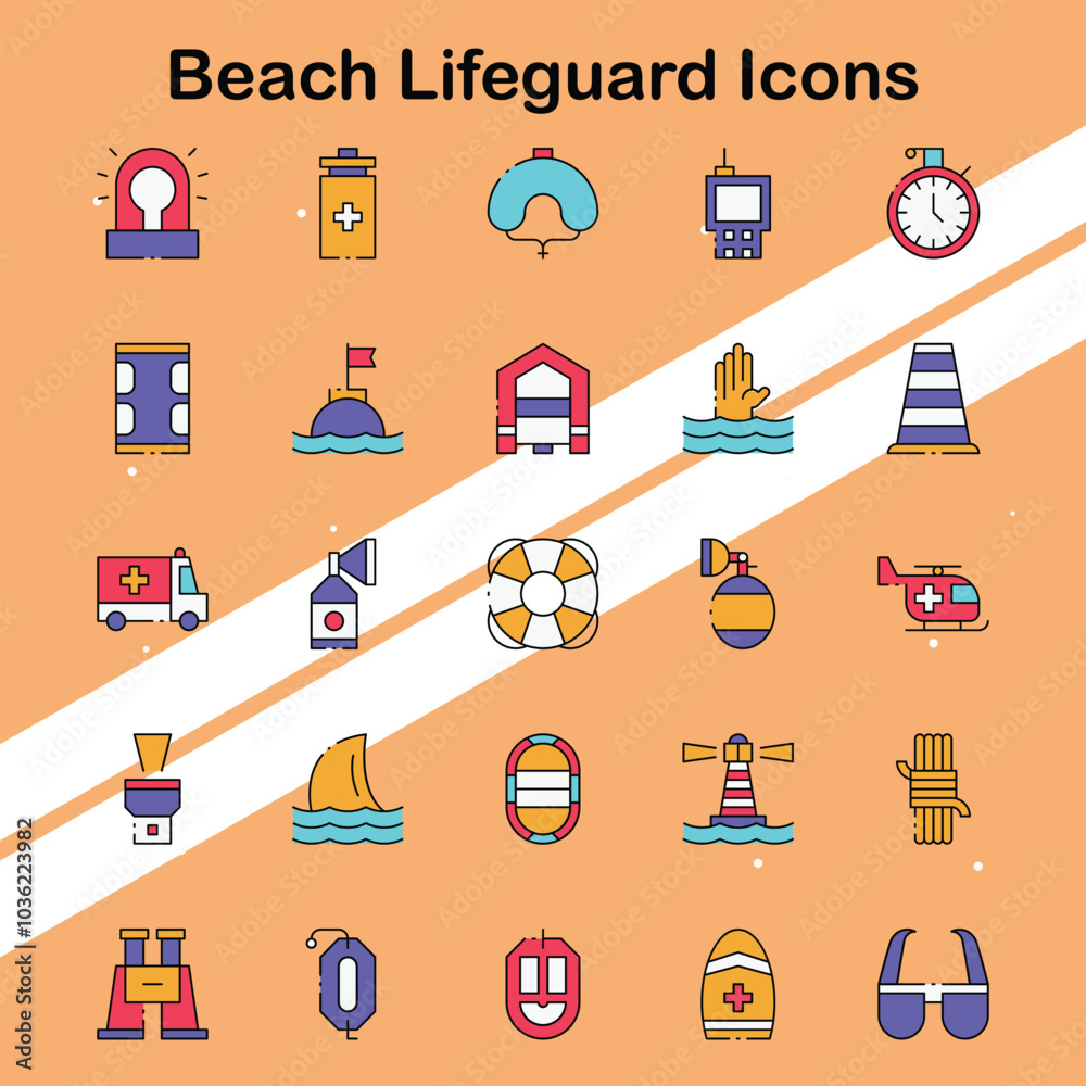 Set of beach lifeguard icons illustrating safety equipment and beach ...