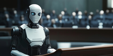 Poster - Ai robot speaking to politicians in government hearing room
