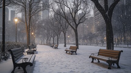 Aufkleber - A snowy city park path with benches and trees on either side. The path is covered in fresh snow, and the trees are bare.
