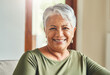 © TamJam/peopleimages.com - Relax, smile and portrait of old woman on sofa in lounge for calm, happiness and retirement. Comfortable, peace and morning with senior person in living room of home for resting and positivity