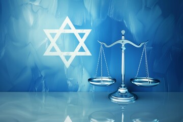 Wall Mural - a scale stands on a shiny surface next to a star design on a blue wall. concept of balance and justi