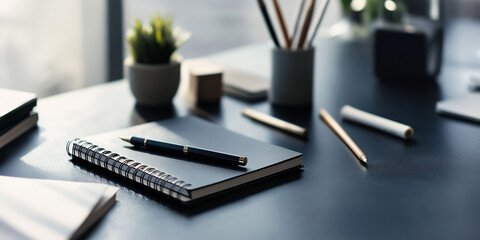 Poster - Black notebook lying on modern desk with stationery supplies