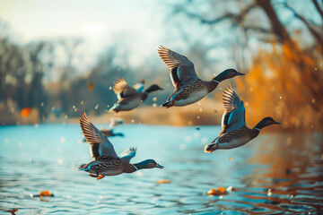 Wall Mural - wild ducks flying freely over the lake. birds in nature.