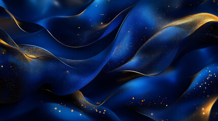 A flowing blend of rich blue tones intertwined with glowing gold details creating an abstract composition of luxury