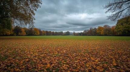 Poster - This tranquil park features a vast expanse of vibrant autumn leaves scattered across the ground, surrounded by trees in various shades of yellow and orange against a dramatic cloudy sky.