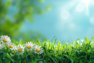 Daisies blooming in lush green grass under a bright blue sky in a serene spring morning setting