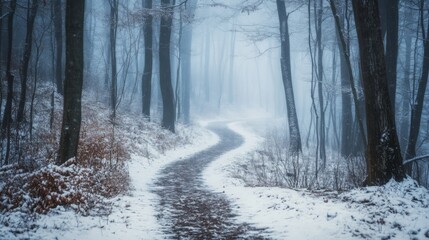 Poster - A serene pathway covered in fresh snow meanders through a misty forest, where tall trees stand shrouded in fog, creating a tranquil winter atmosphere just as dawn breaks.