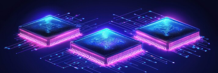 Aufkleber - Three Glowing Computer Chips Connected by Neon Lines