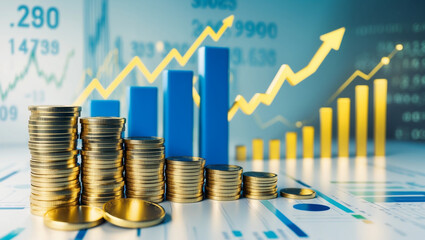 Conceptual illustration with gold coins, bar graph, and rising line graph against a background of blurred financial data and stock numbers.