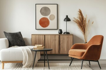 Modern living room interior with a wooden cabinet, a brown armchair, a white sofa, a black lamp, and a rug.