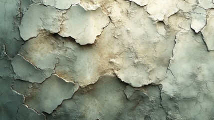 Aufkleber - A deteriorating plaster wall displays large areas of peeling paint and cracks, revealing textured layers beneath. The muted colors reflect soft daylight, highlighting the wear over time.