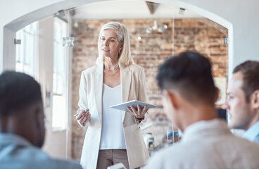 Wall Mural - Business woman, tablet and presentation in office for planning, employee development and project management. Executive, technology and talking in workplace for corporate training, discussion or pitch