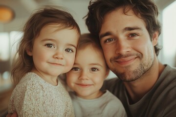 Selective focus smiling father with two young children embracing in warm family moment