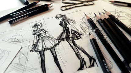 Two Fashion Sketches Drawn with Pencils on Paper